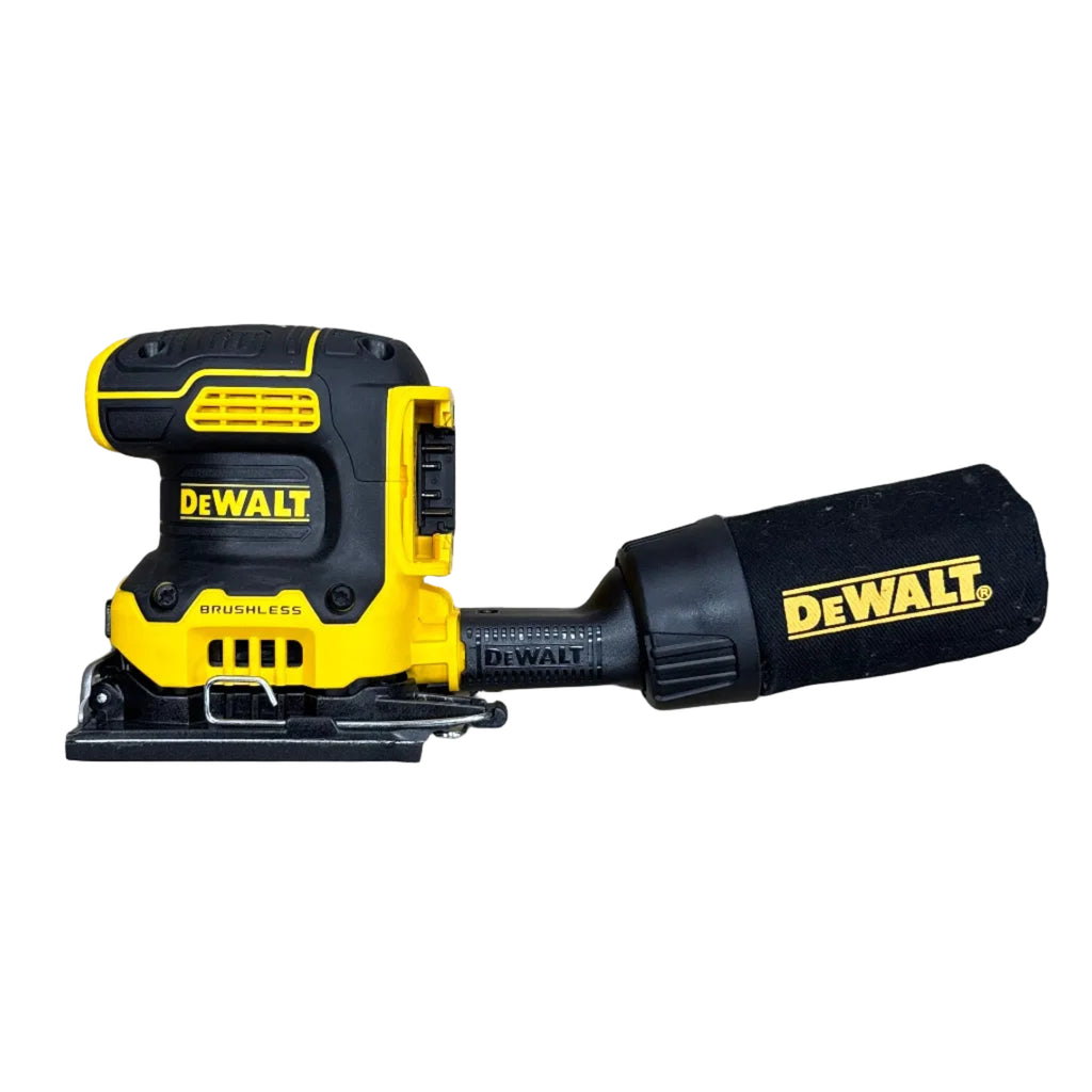 DeWalt 20V MAX XR 1/4 Sheet Brushless Cordless Variable Speed Palm Sander (DCW200) DeWalt oscillating tool and sanding block on a wooden floor