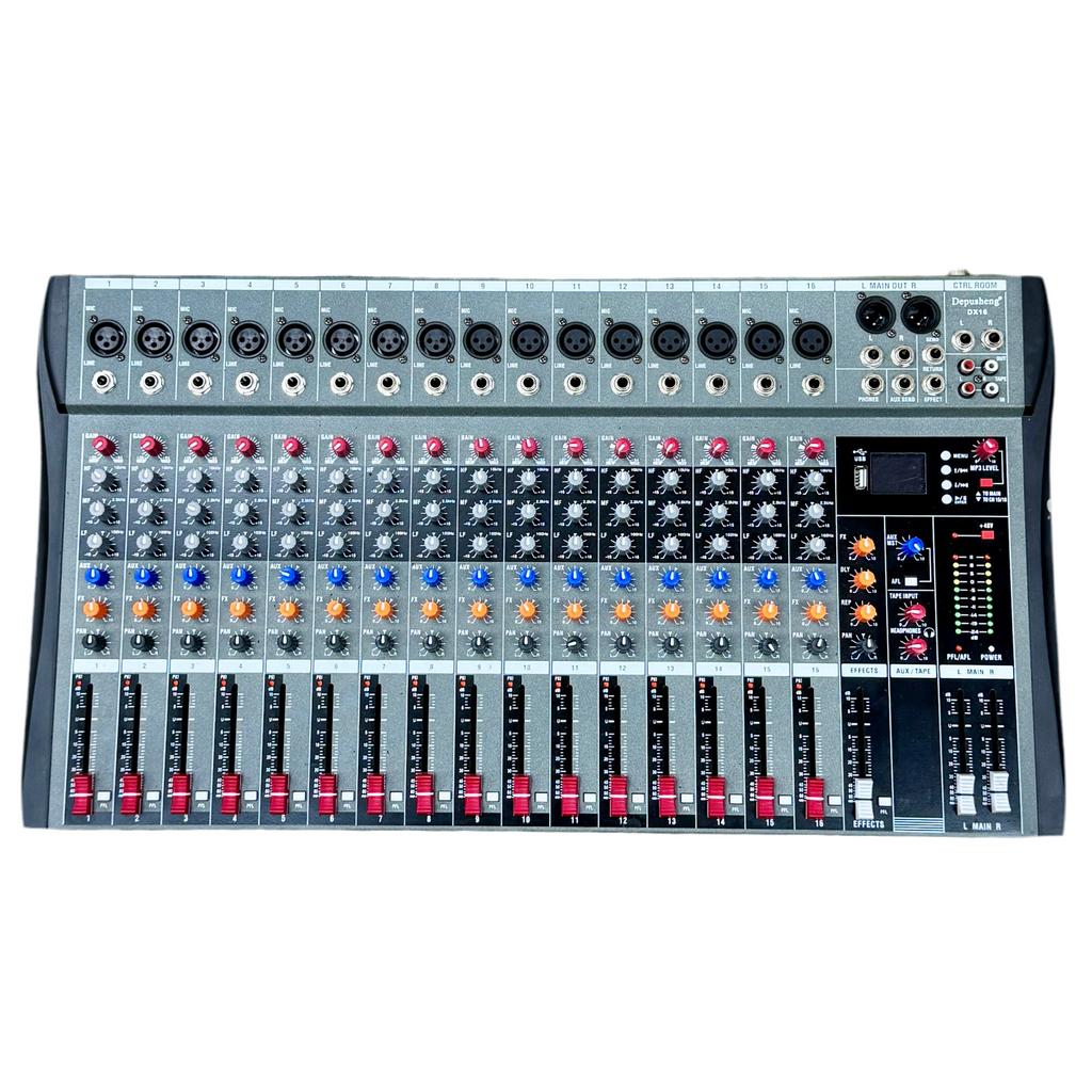 Depusheng DX16 16-Channel Studio Audio Mixer DJ Sound Controller Audio mixing console with various knobs and buttons on a white background