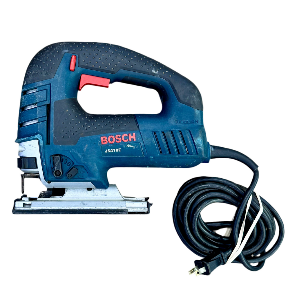 BOSCH 7-Amp Corded Variable Speed Top-Handle Jig Saw (JS470E) Bosch oscillating jigsaw with power cord on a white background