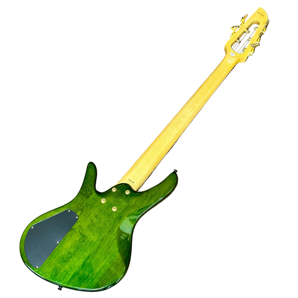 Samick SAKB56690 5-String Electric Bass Guitar w/ Hard Case Green electric guitar with a yellow neck on a white background