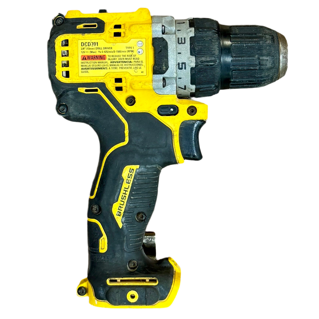 DeWalt XTREME 12V MAX 3/8" Brushless Cordless Drill/Driver w/ Battery (DCD701) Yellow and black cordless drill on a white background
