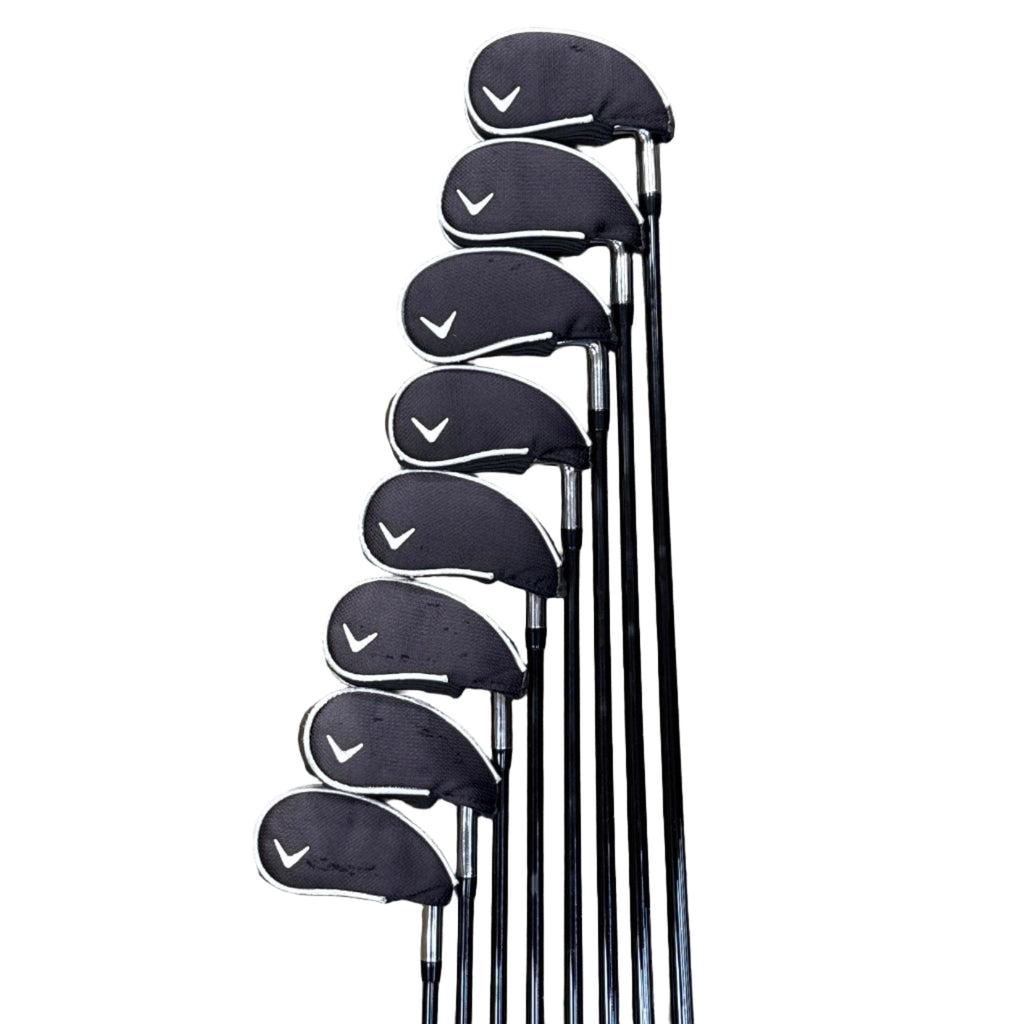 Callaway ROGUE ST MAX 8-Piece Iron Set RH Golf Clubs w/ Headcovers (5-9, P, S, A) Set of golf clubs with black club heads on a white background
