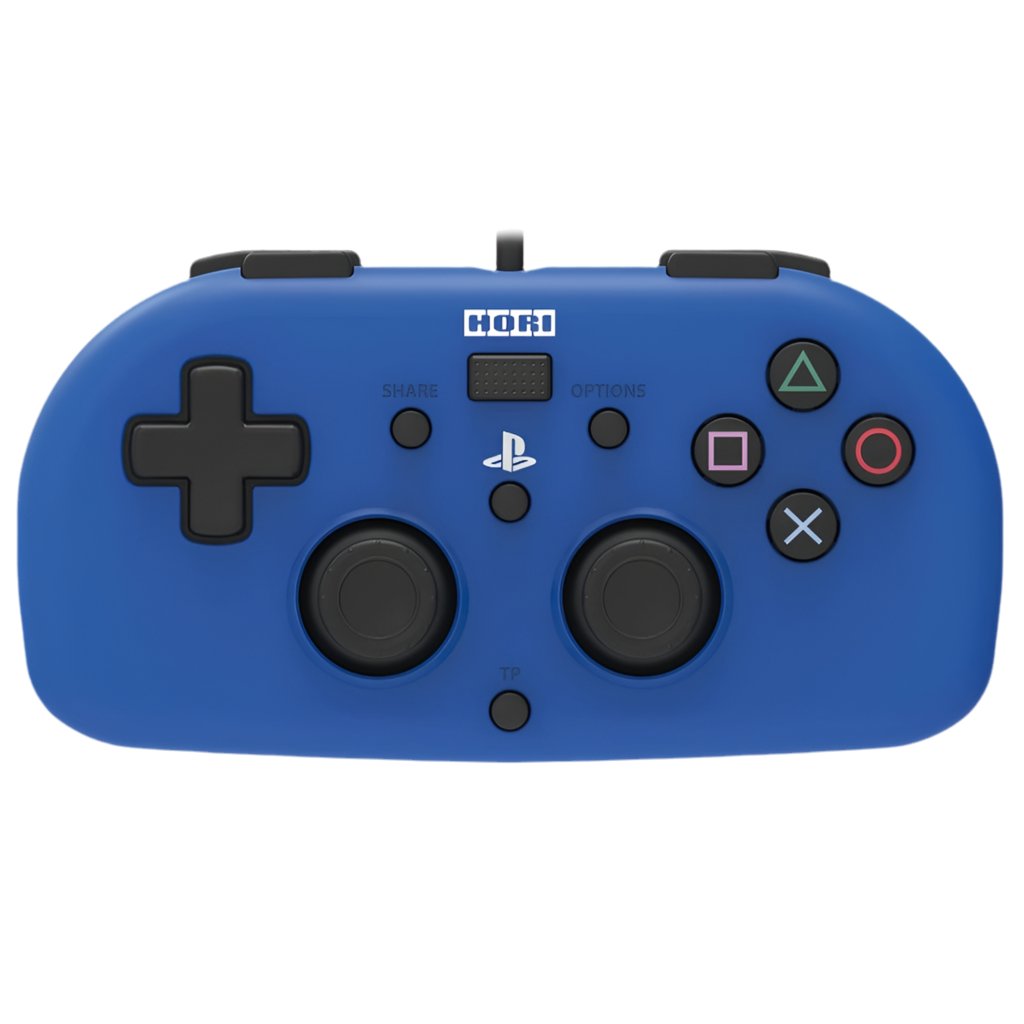 HORI Mini Wired Gamepad Controller for Sony PlayStation 4 - Blue gaming controller with black buttons on a white background