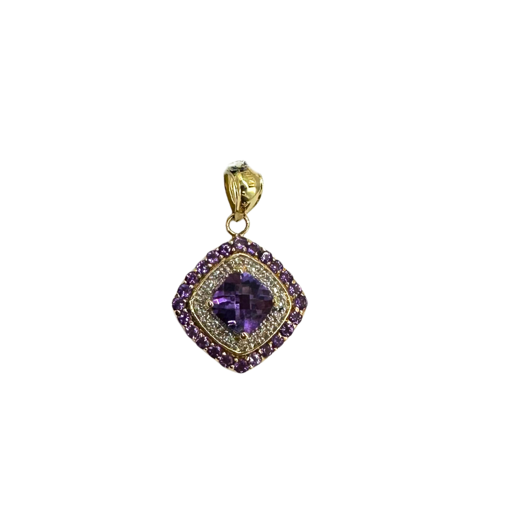 Gold pendant with purple gemstone on a white background