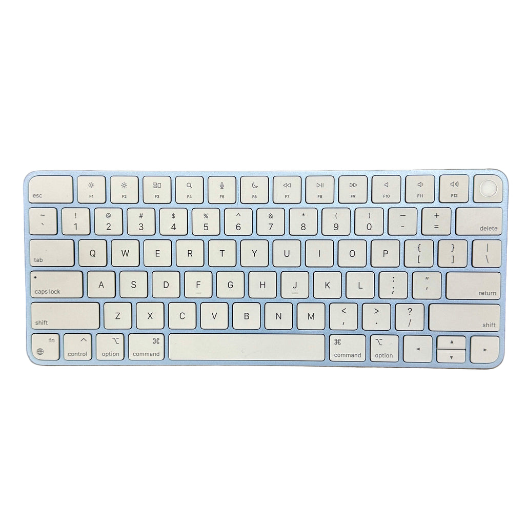 Apple Magic Keyboard with Touch ID for Mac Models with Apple Silicon - USB-C - Blue (A2449) Blue keyboard on a wooden surface