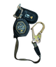Safety harness with a retractable lifeline and carabiner on a white background