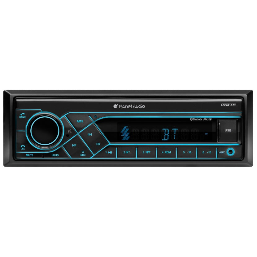Planet Audio PM30B Bluetooth MP3-Compatible Digital Media AM/FM Stereo Receiver Car stereo system with Bluetooth and USB connectivity on a white background