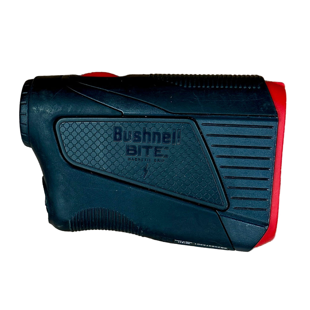 Bushnell TOUR V5 SHIFT Laser Golf Rangefinder w/ Slope Black and red Bushnell golf rangefinder on a wooden surface