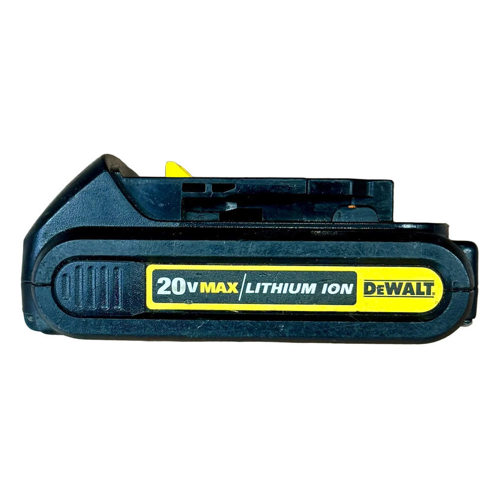 DeWalt 20V MAX 1.5Ah Lithium Ion Compact Battery Pack (DCB201) DeWalt 20V MAX lithium-ion battery on a wooden surface
