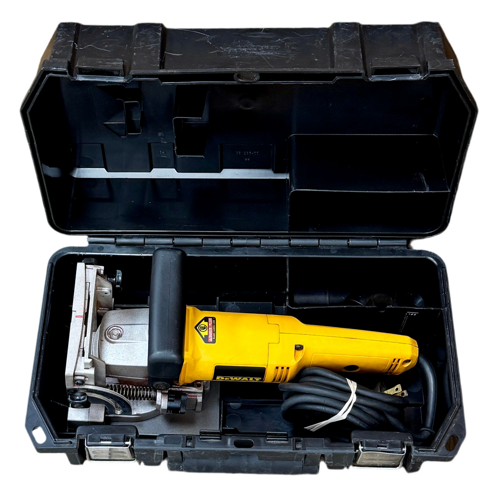 DeWalt 6.5-Amp Corded Heavy-Duty Plate Joiner w/ Hard Case (DW682) Yellow power tool inside an open black toolbox on a white background