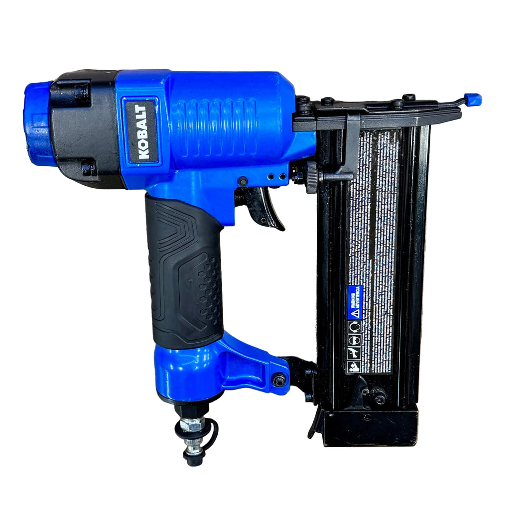 Kobalt 18-Gauge 2" Pneumatic Straight Brad Nailer (KBAT161001) Blue Kobalt nail gun on a wooden surface