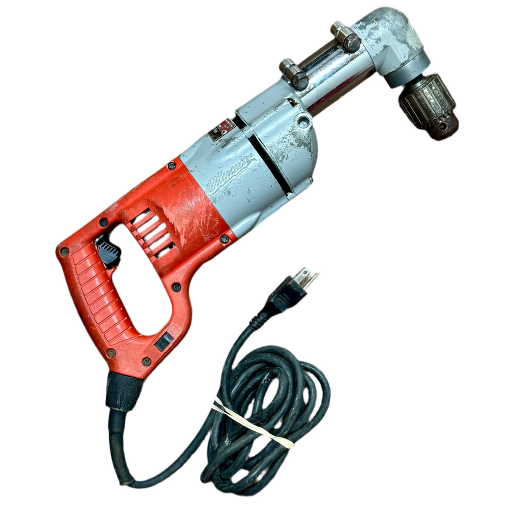 Milwaukee 7-Amp 1/2" Corded Heavy-Duty Right Angle Drill w/ Hard Case (1107-1) Red and gray electric drill with cord on a white background