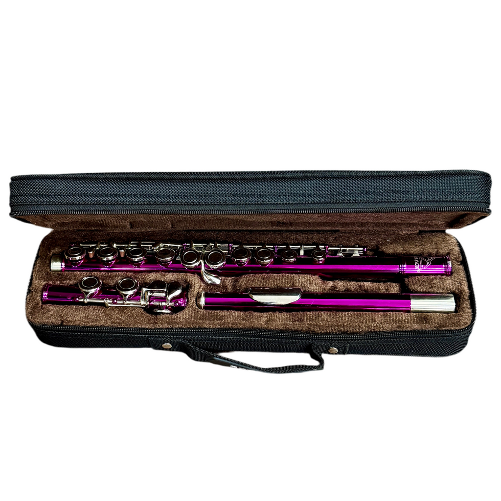 EASTROCK C 16 Key Closed Hole Flute w/ Case Flute with pink accents in an open case on a white background