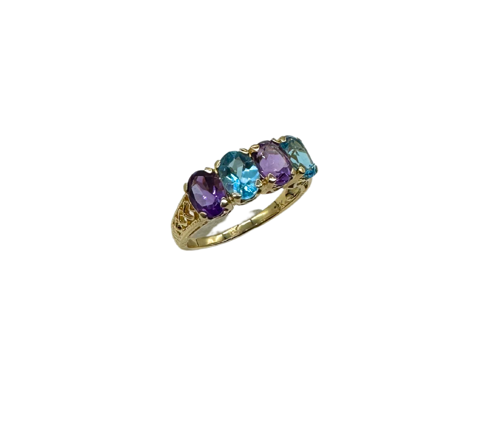 14K Yellow Gold Filigree Ring with Blue Topaz & Amethyst angle