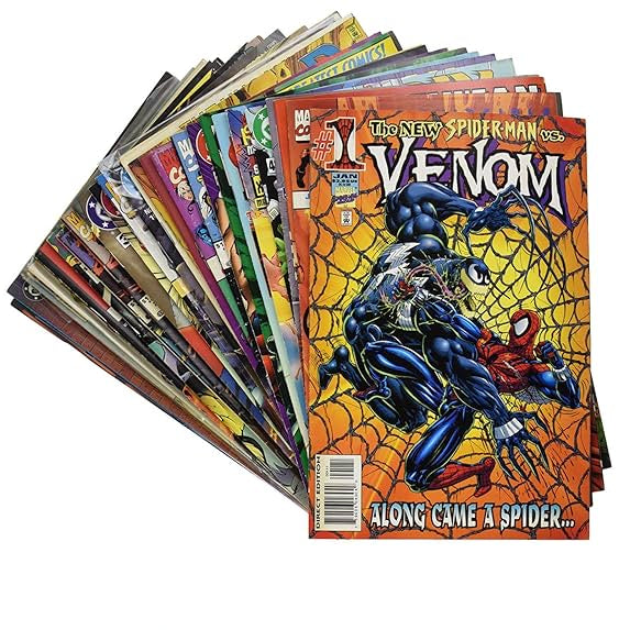 Collection of comic books featuring Spider-Man and Batman on a white background