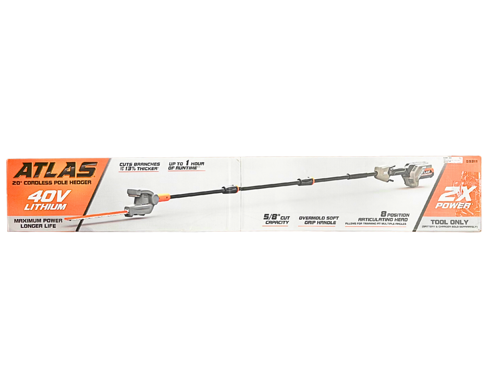 Atlas cordless pole hedge trimmer packaging on a white background