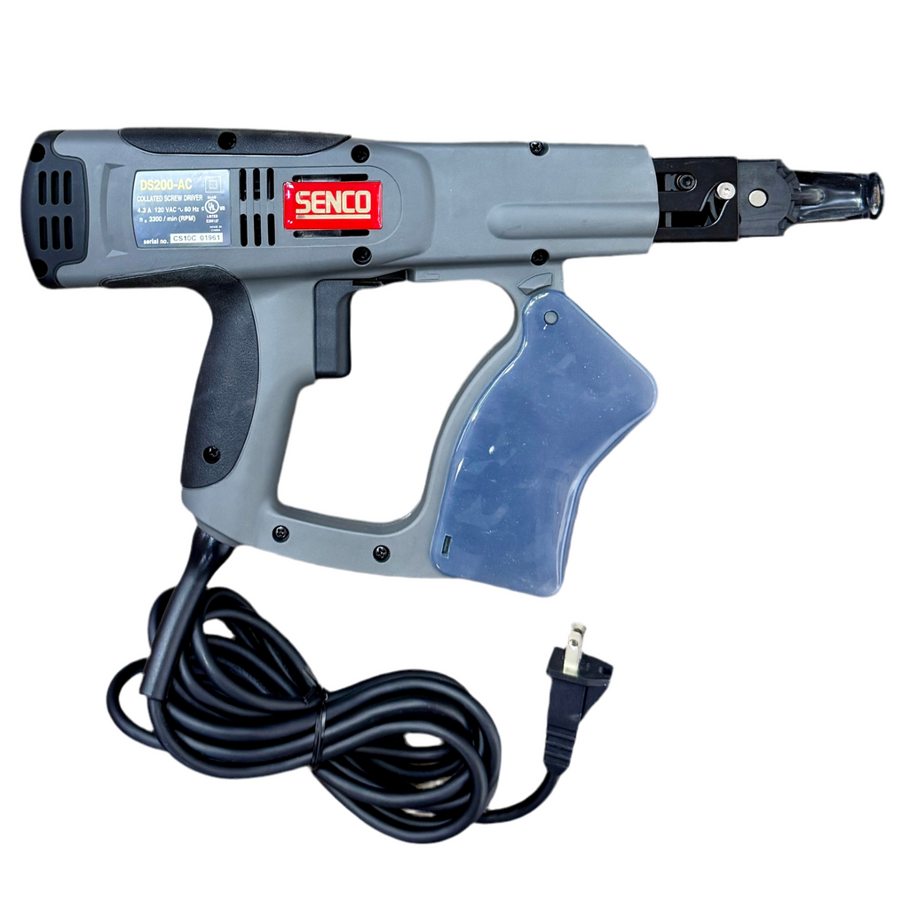 SENCO DuraSpin 4.3-Amp Corded Collated Screw Driver w/ Hard Case (DS200-AC) Gray Senco nail gun with a coiled cable on a white background