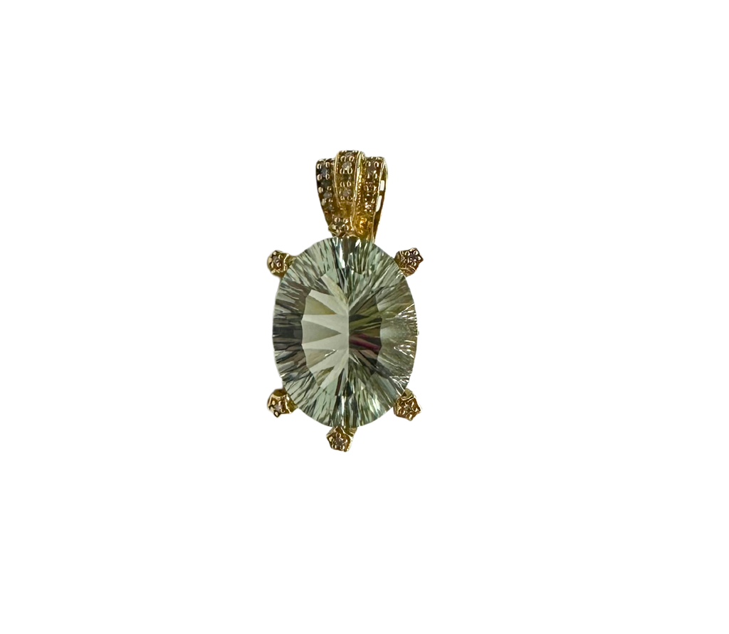 Gold pendant with a green gemstone on a white background
