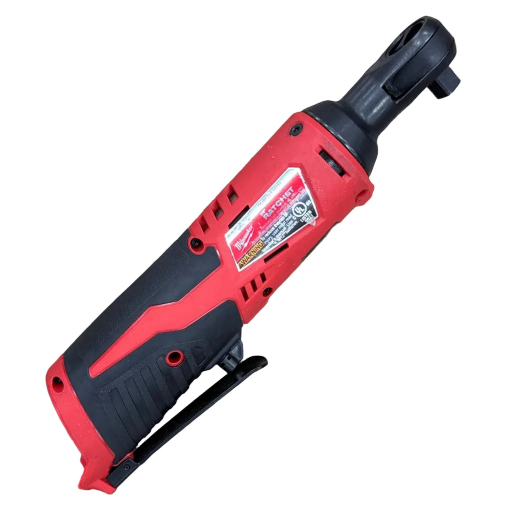 Milwaukee M12 12V 3/8" Cordless Ratchet (2457-20) Red and black cordless drill on a white background
