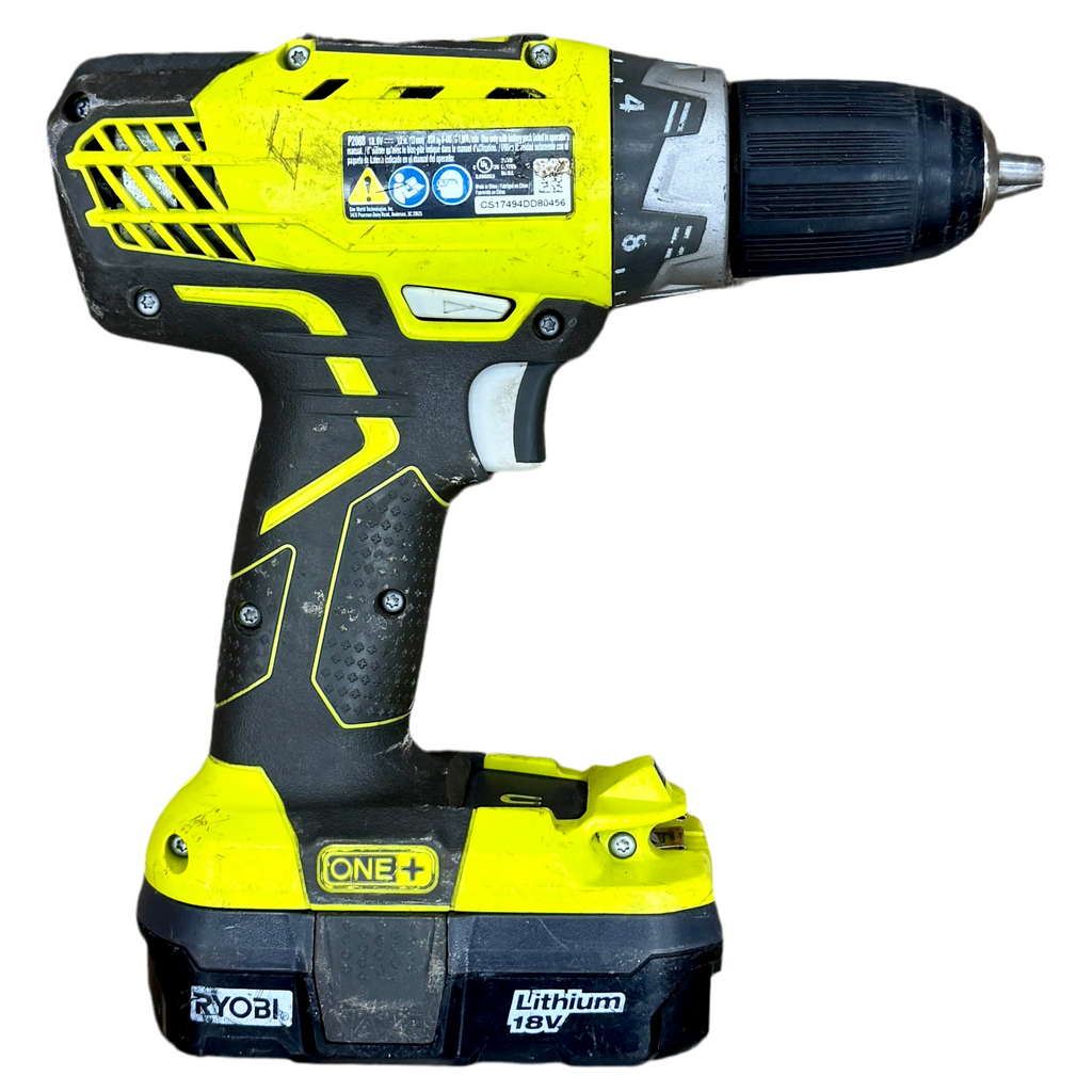 RYOBI ONE+ 18V 1/2" Cordless Drill/Driver w/ Battery (P208B) Yellow and black cordless drill on a white background
