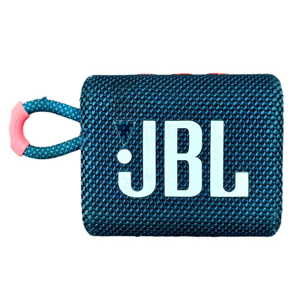Blue JBL speaker with pink handle on a white background