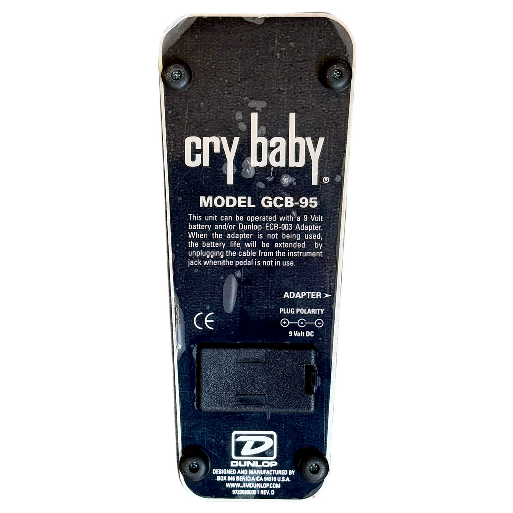 Dunlop Cry Baby GCB-95 Wah Guitar Effects Pedal Back of a Dunlop Cry Baby GCB-95 guitar effects pedal on a white background