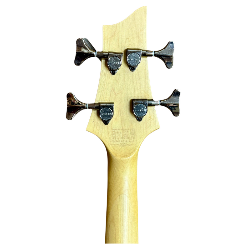 Schecter Diamond Series OMEN-4 Left-Handed Electric Bass Guitar Close-up of a guitar headstock with tuning pegs on a white background