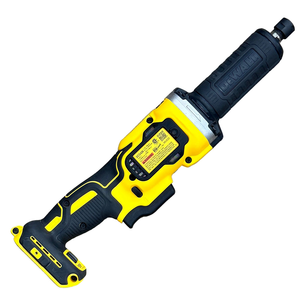 DeWalt 20V MAX 1-1/2" Brushless Cordless Variable Speed Die Grinder (DCG426) Yellow and black cordless drill on a wooden surface