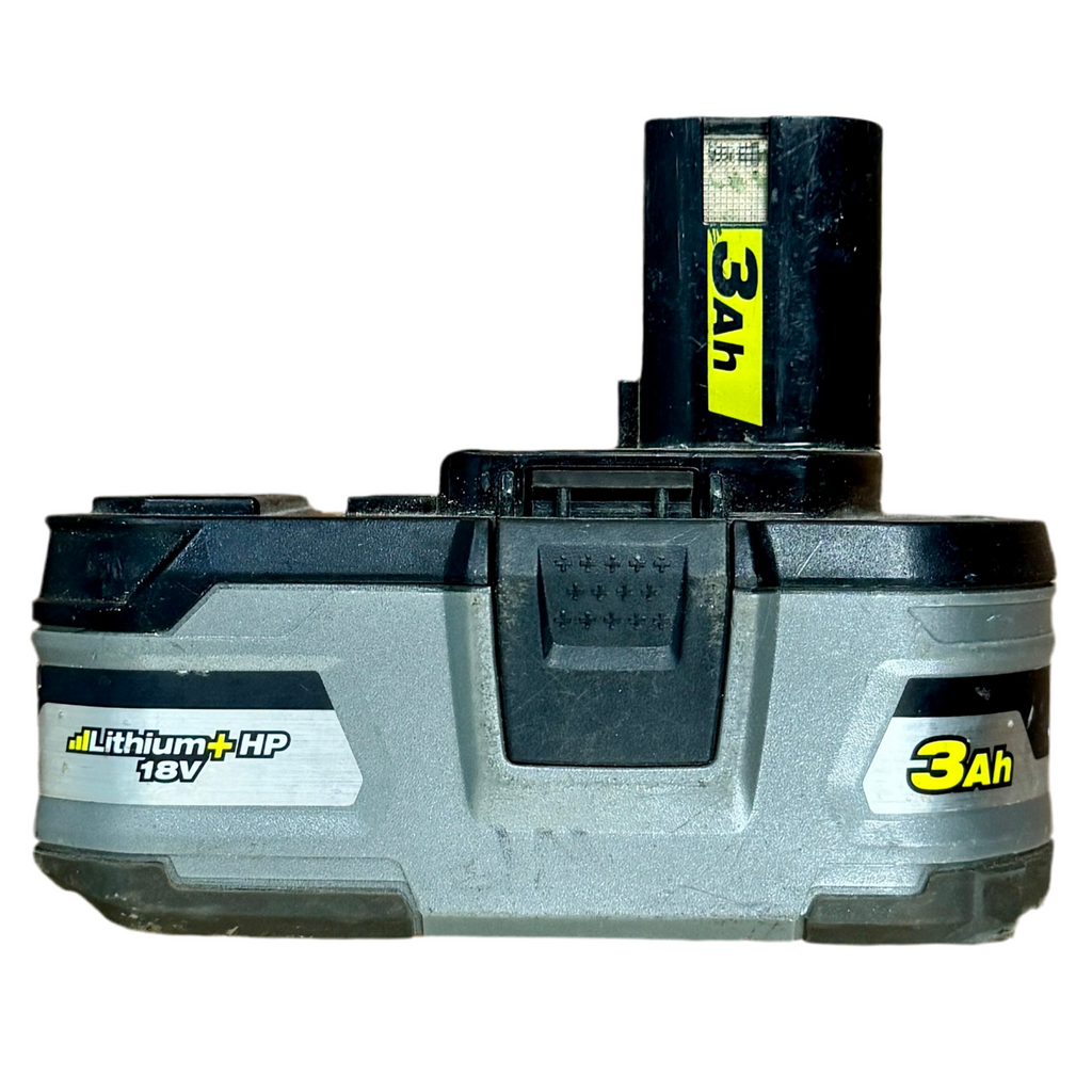 RYOBI ONE+ 18V 18" Cordless Air Cannon Drum Fan w/ Battery (P3340) Battery pack with '3 Ah' and '18V' labels on a white background