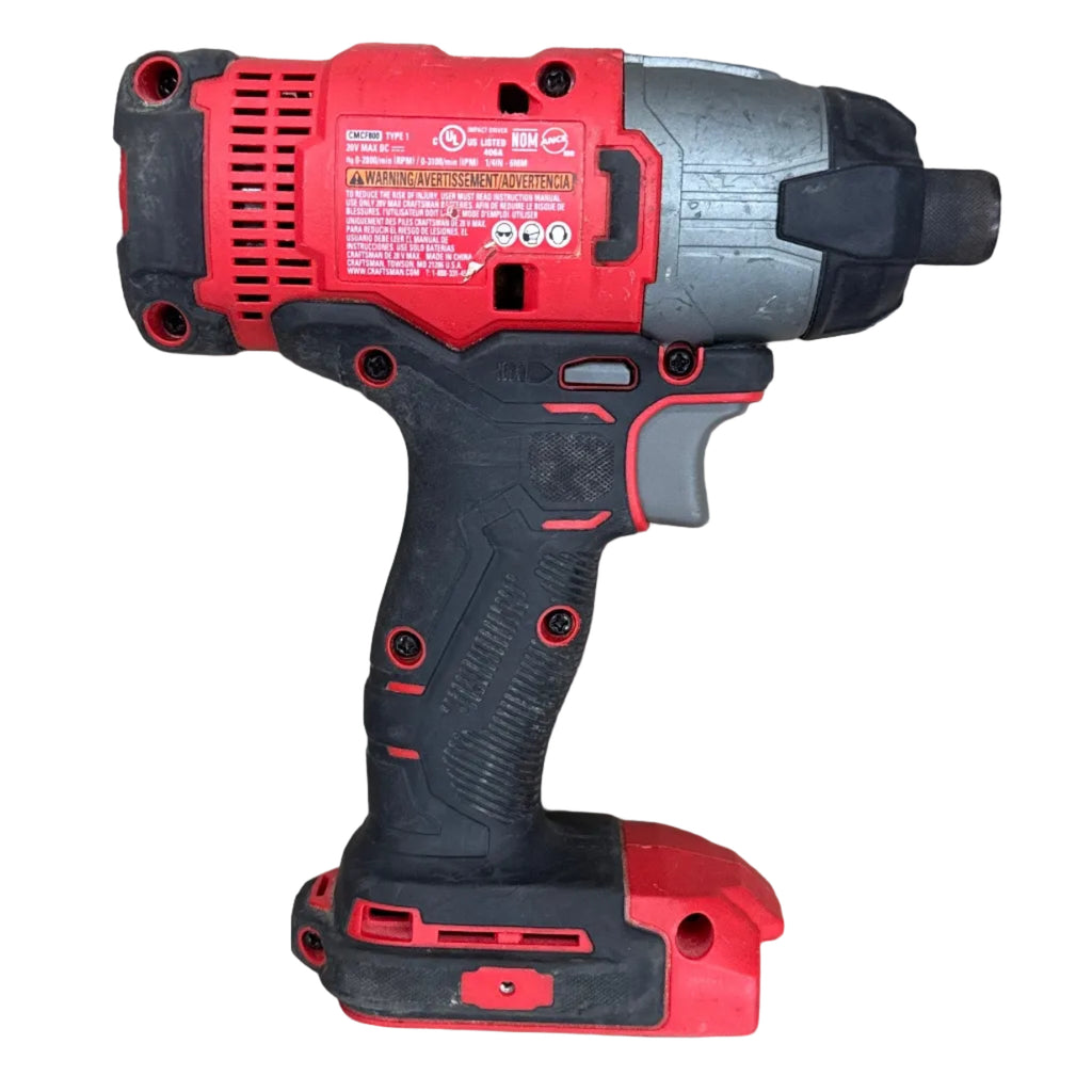 CRAFTSMAN V20 1/4" Cordless Variable Speed Impact Driver w/ Battery (CMCF800) Red and black cordless drill on a white background