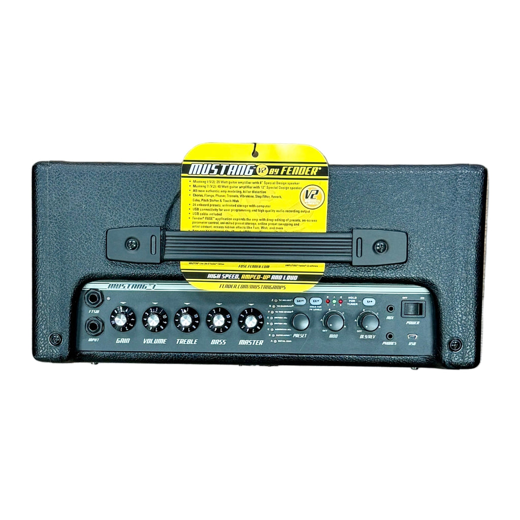 Fender MUSTANG I V2 Guitar Combo Amplifier Guitar amplifier with control panel and Mustang brand label on a white background