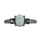 .925 Sterling Silver White Opal and Purple CZ Trellis Cathedral Ring Ring with opal and purple gemstones on a white background