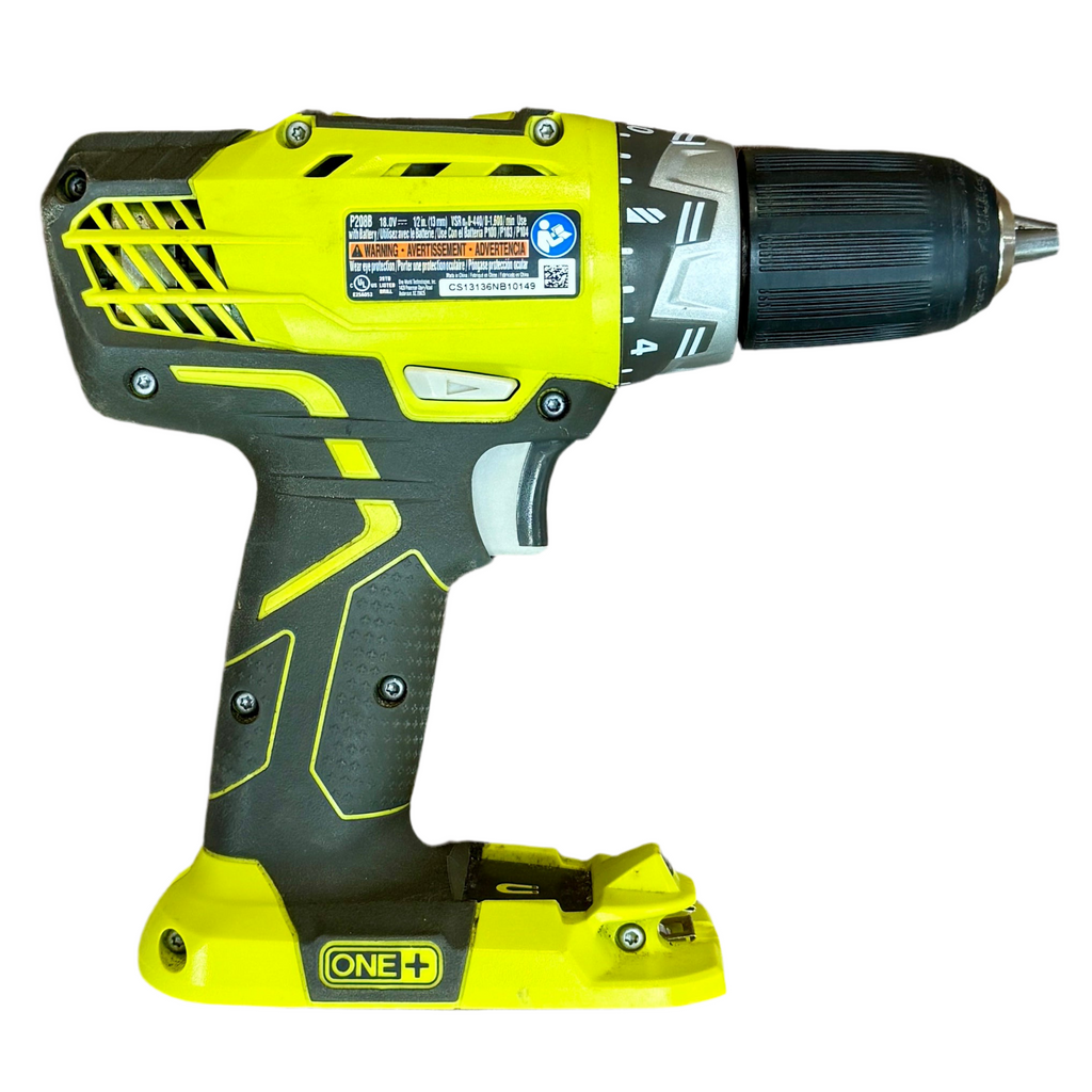 RYOBI ONE+ 18V 1/2" Cordless Drill/Driver (P208B) Cordless drill with a bright yellow and black design on a white background