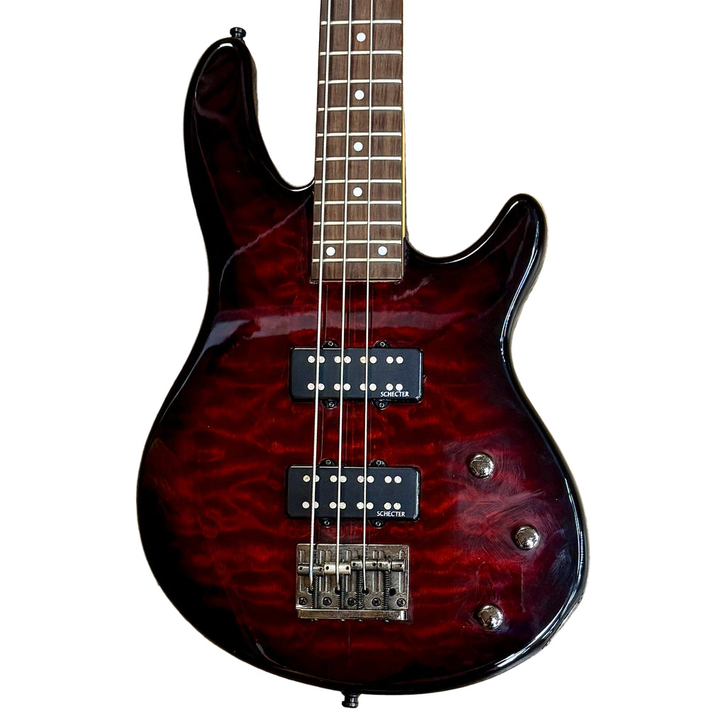 Schecter Diamond Series RAIDEN SPECIAL-4 Electric Bass Guitar (Missing 1st String) Red electric bass guitar on a white background