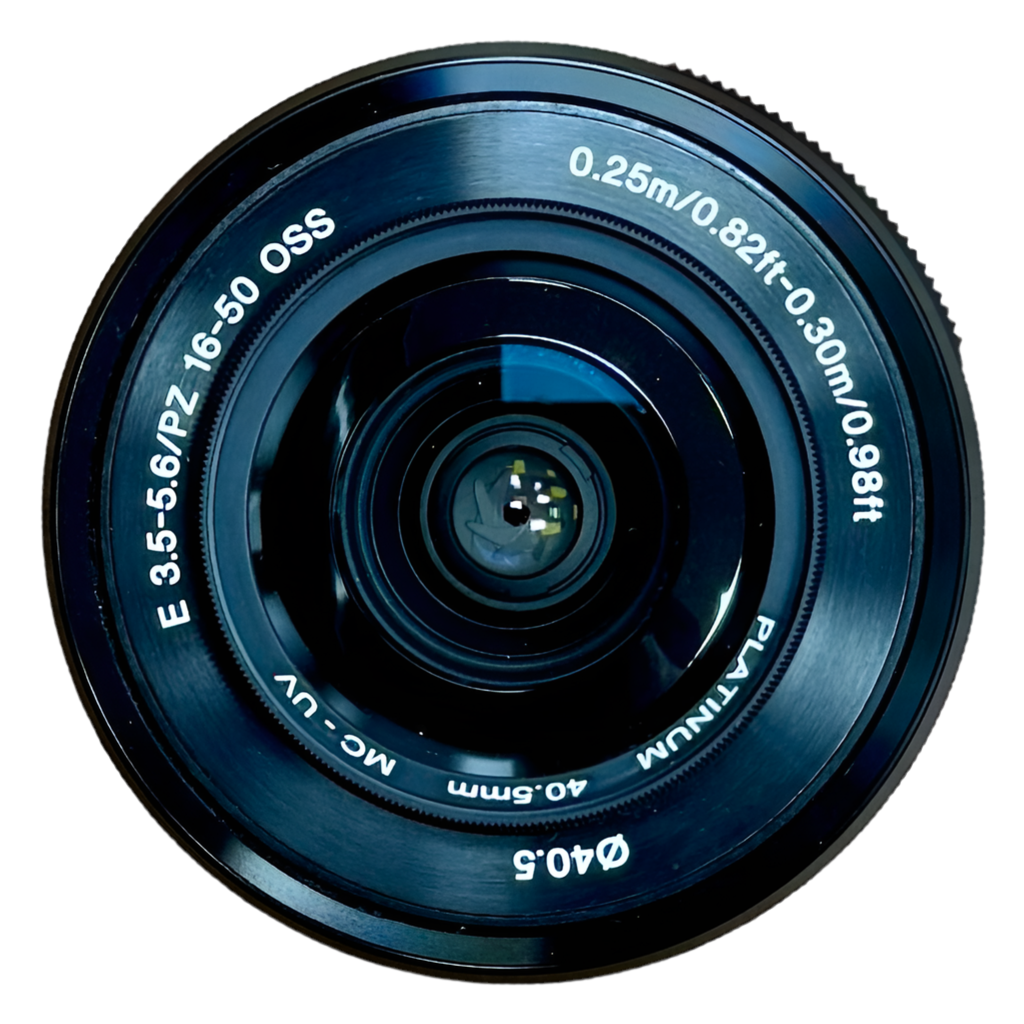 Sony E PZ 16–50mm f/3.5–5.6 OSS APS-C Wide-Angle Power Zoom Camera Lens w/Optical SteadyShot w/ Caps (SELP1650) Camera lens with technical specifications on a white background