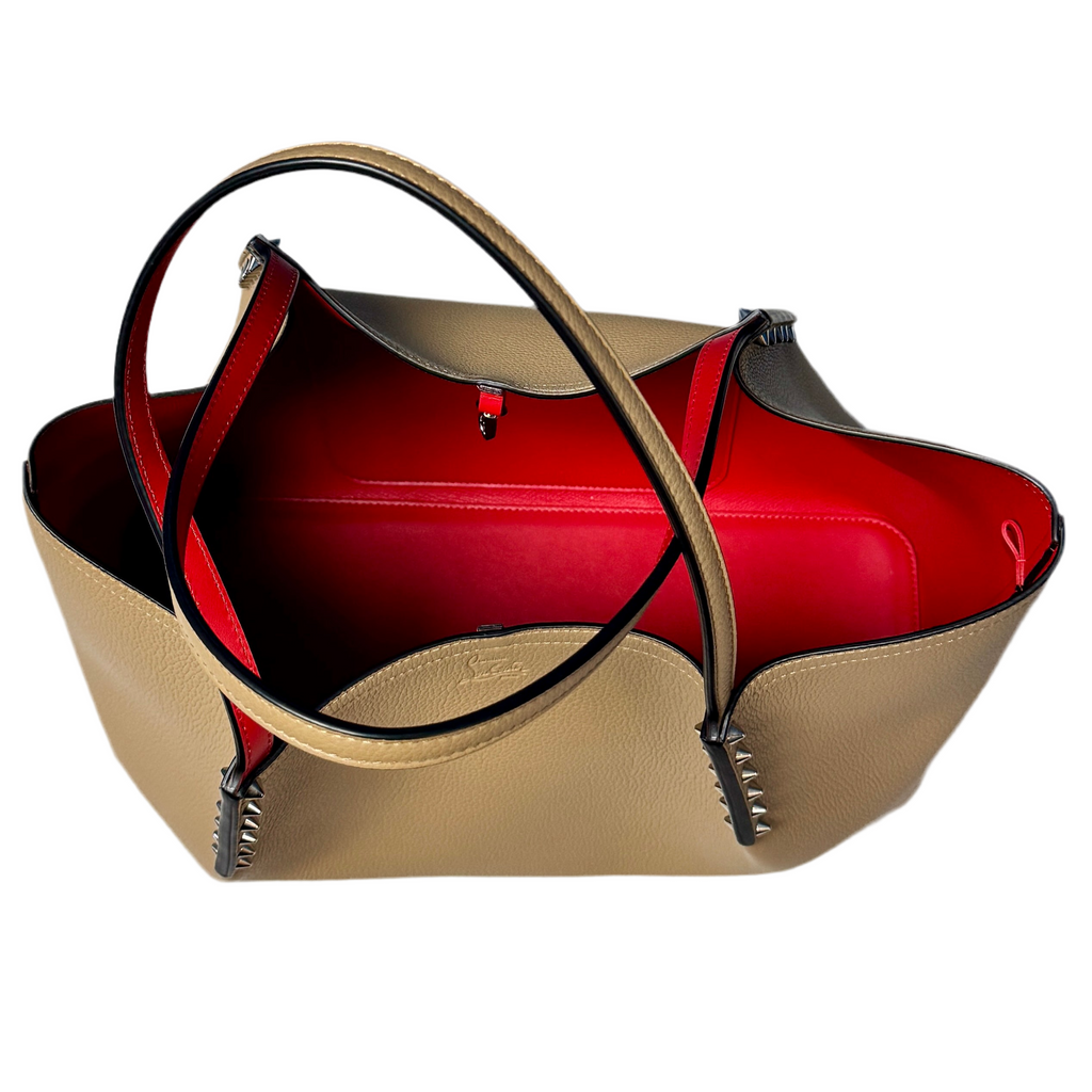 Christian Louboutin Cabarock Large Calfskin Leather Tote Bag - Fennec Beige handbag with red interior on a white background