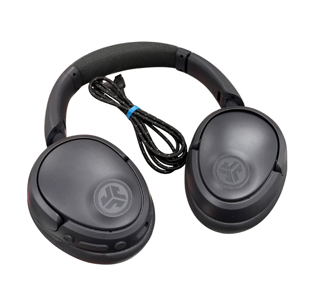 Black headphones with a visible brand logo on a white background