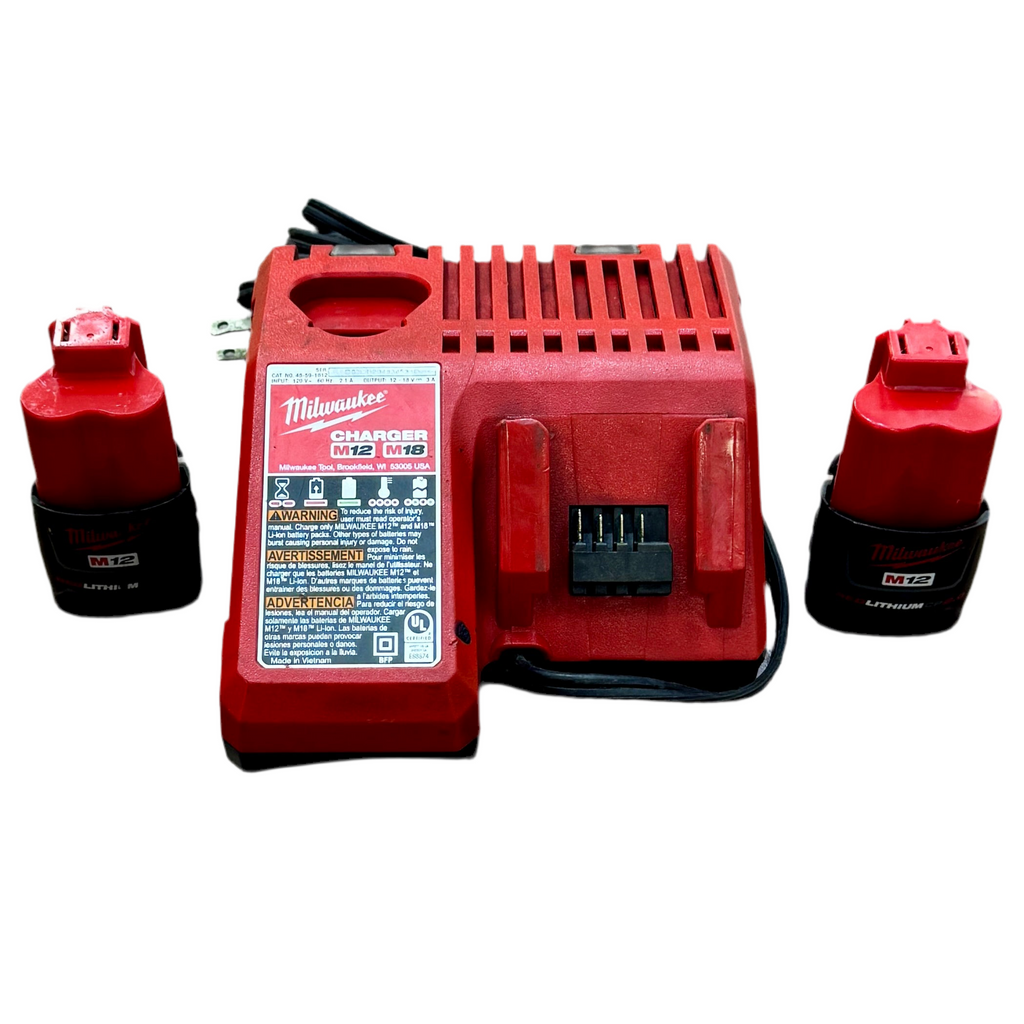 Milwaukee M12 FUEL ProPEX Expander w/ 1/2"-1" RAPID SEAL ProPEX Expander Heads w/ 2 Batteries, Charger, & Hard Case (2532-20) Red Milwaukee power tool charger with two batteries on a white background