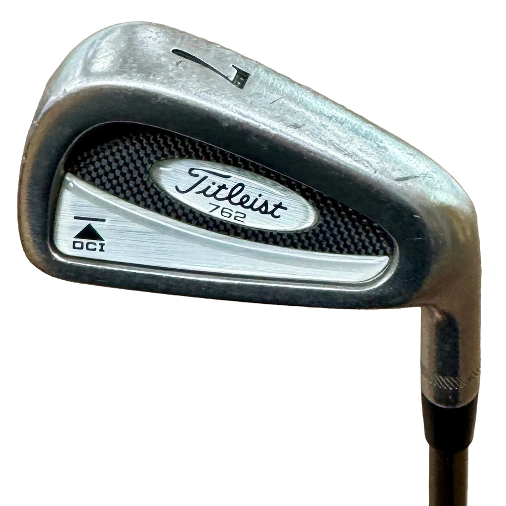 Titleist DCI 762 7 Iron RH Golf Club Golf club head with Titleist logo on a wooden floor