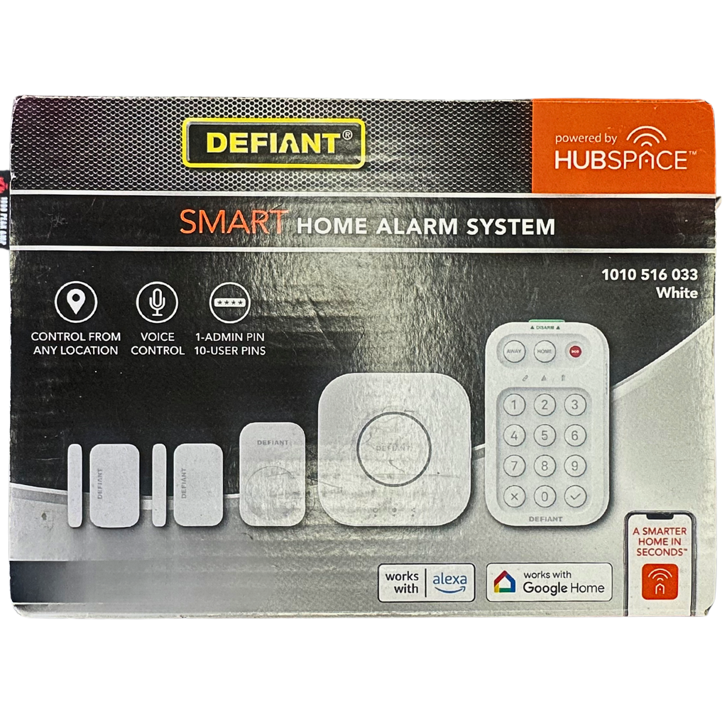 Defiant smart home alarm system packaging with remote control and sensors on a white background