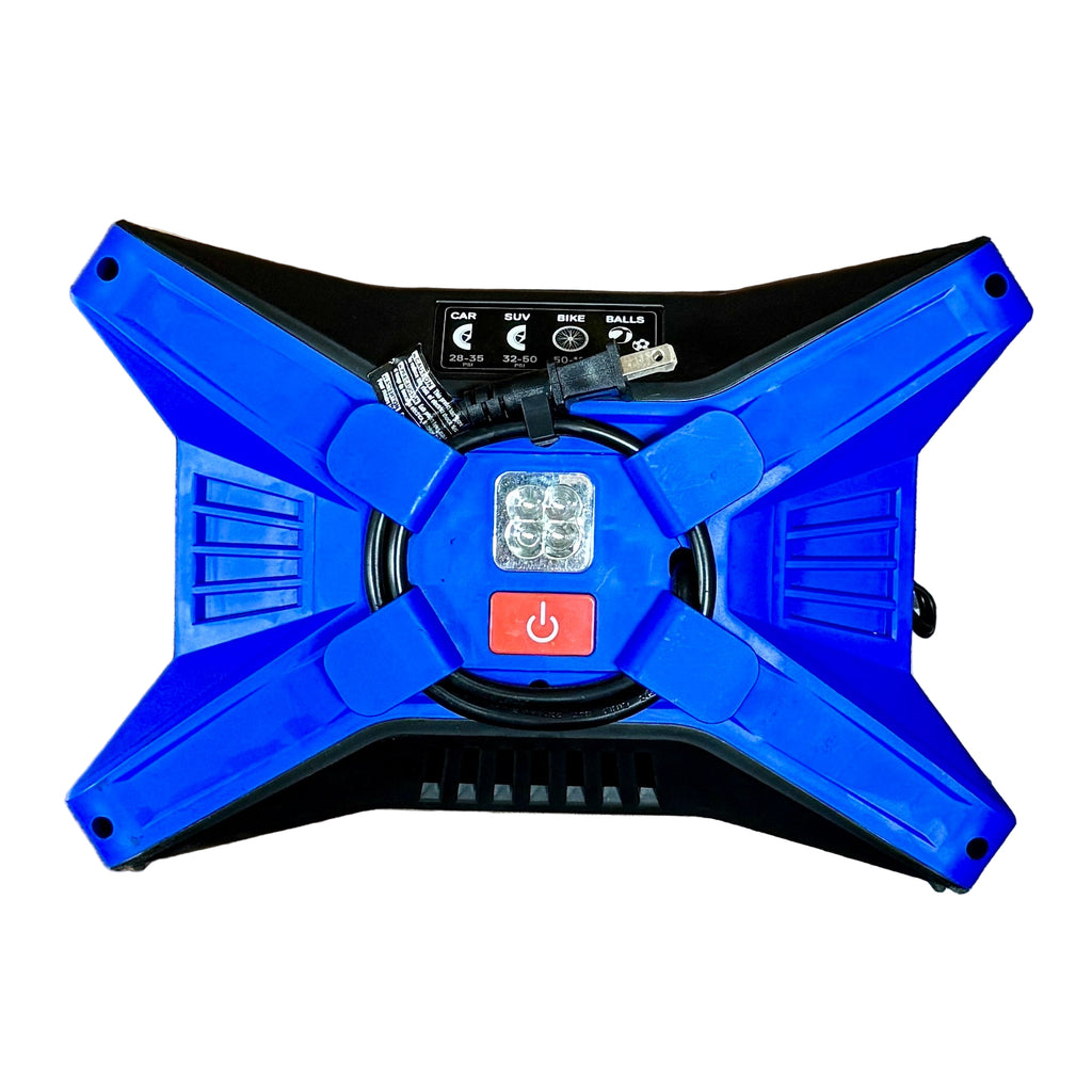 Kobalt 1.5-Amp 12V / 120V Portable Air Compressor Inflator (KLDP1) Blue and black portable stove with power button on a white background