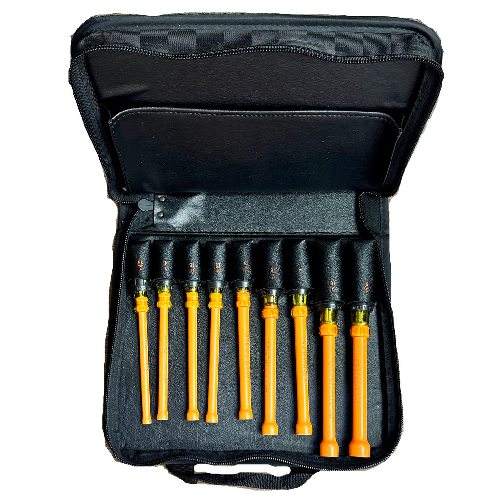 Klein Tools 1000V Insulated 9-Piece Nut Driver Set w/ Soft Case (33524) Set of screwdrivers in a black case on a wooden floor