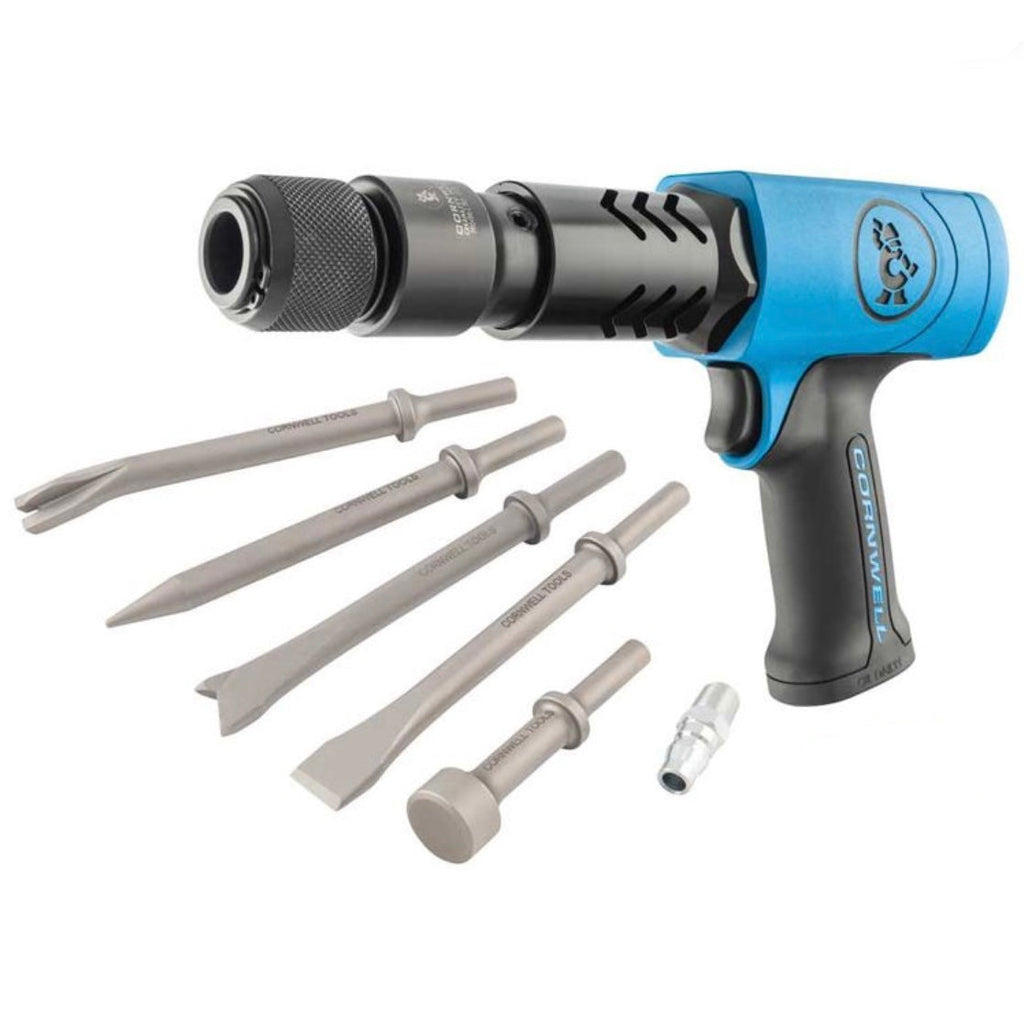 Cornwell Quality Tools bluePOWER Long Barrel Air Hammer Kit (CAT5250AHBKA) Pneumatic drill with interchangeable bits on a white background, featuring the Cornwell brand.