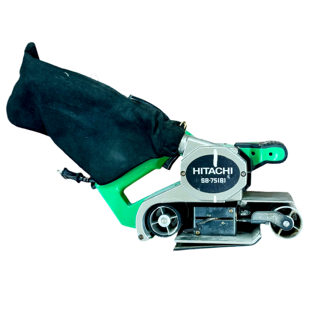 Hitachi 8.7-Amp 3" Corded Belt Sander (SB-75) Hitachi belt sander with black sanding cloth on a white background