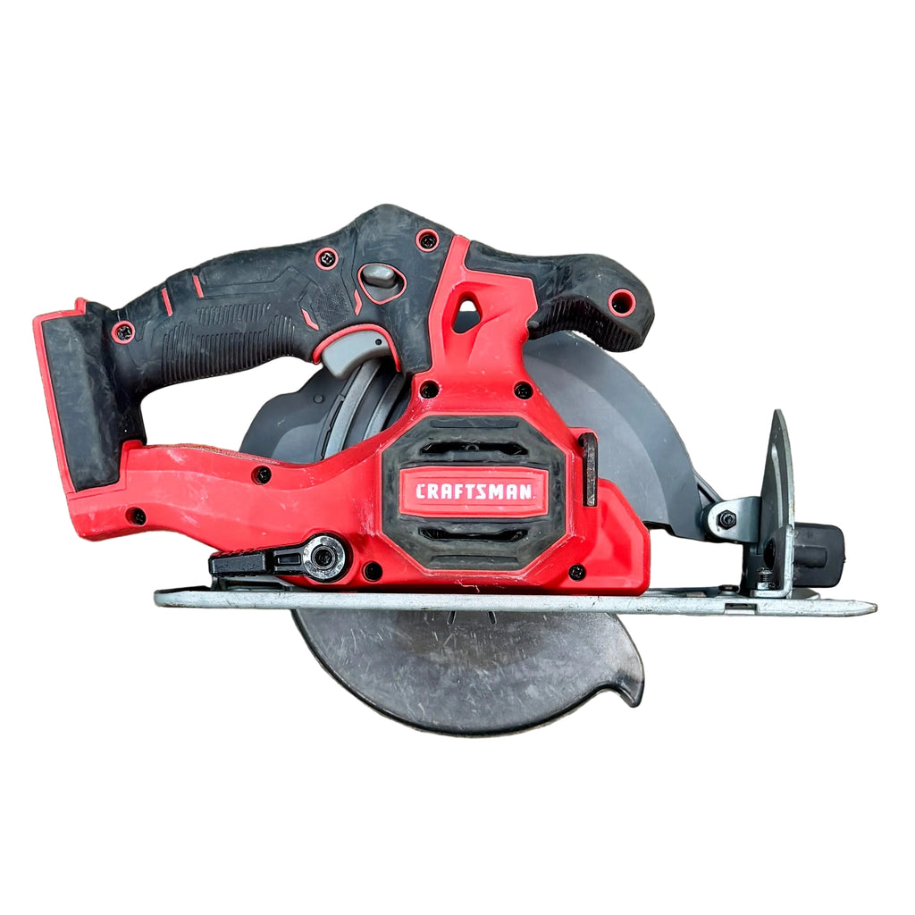 CRAFTSMAN V20 6-1/2" Cordless Circular Saw w/ Battery (CMCS500) Red and black Craftsman circular saw on a wooden surface
