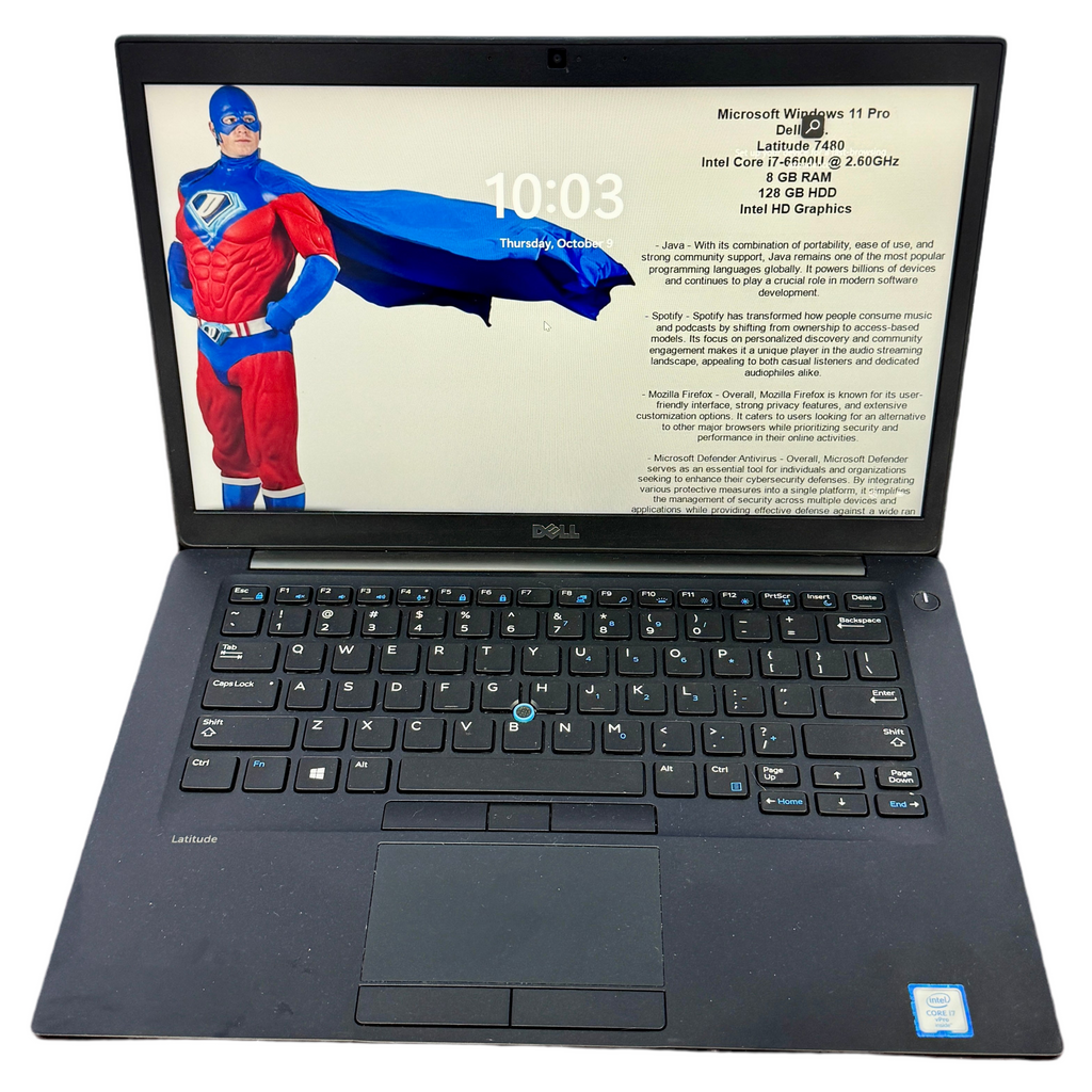 DELL Latitude 7480 14" Laptop Computer Laptop displaying a superhero on the screen with a white background