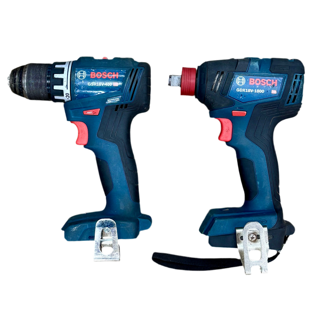 BOSCH 18V 1/2" Brushless Cordless Drill & BOSCH 18V 2-in-1 1/4"/1/2" Brushless Cordless Impact Driver w/ 2 Batteries & Charger (GSR18V-400/GDX18V-1800) Two Bosch power tools on a white background