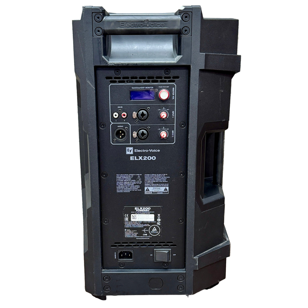 Electro-Voice ELX200 1200W Peak Single 10" Two-Way Powered Loudspeaker Black Electro-Voice ELX200 speaker on a wooden floor with a gray textured wall background