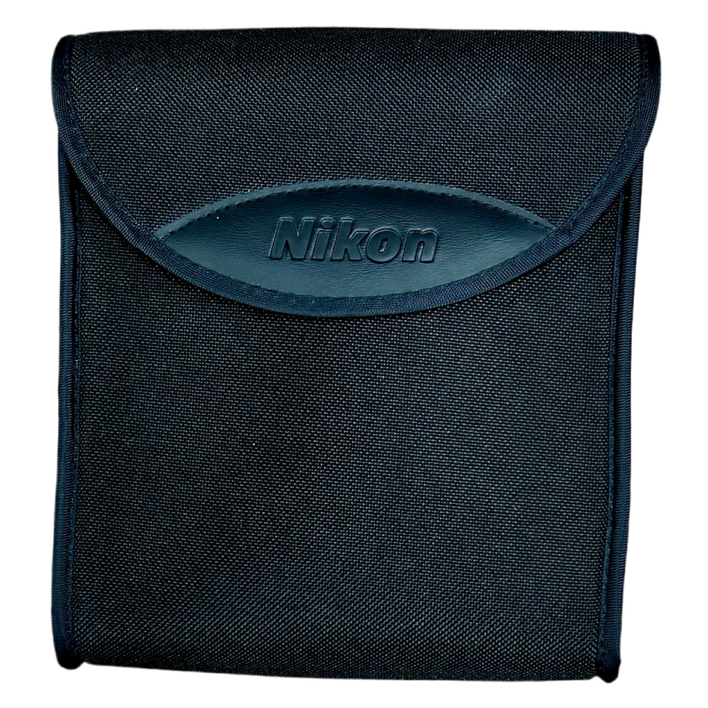 Nikon PROSTAFF 3S 10x42 7-Degree Waterproof Binoculars w/ Case & Caps Black camera case with Nikon logo on a white background