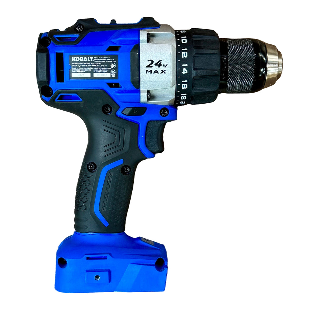 Kobalt 24V MAX 1/2" Brushless Cordless Drill/Driver w/ 2 Batteries & Charger (KDD 524B-03) Blue and black cordless drill with 'Kobalt' branding on a white background